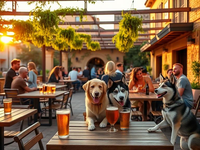 A vibrant outdoor terrace of a modern Spanish craft beer bar during golden hour