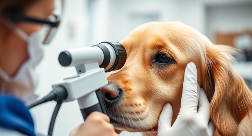 Veterinarian checking Golden Cocker Retriever’s eyes for signs of PRA.
