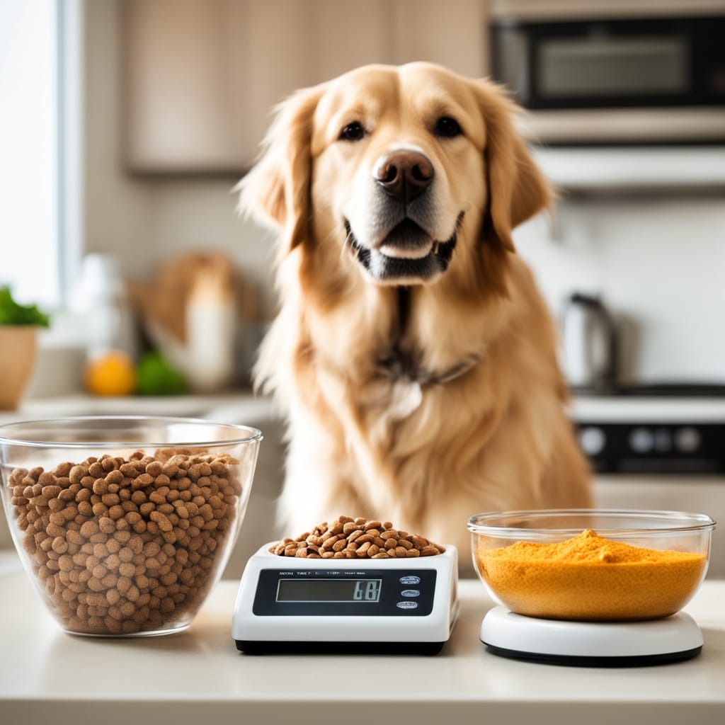 Golden Retriever sitting on a digital scale beside a food bowl