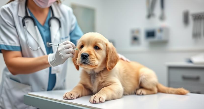 Golden Cocker Retriever puppy receiving vaccination at vet clinic.