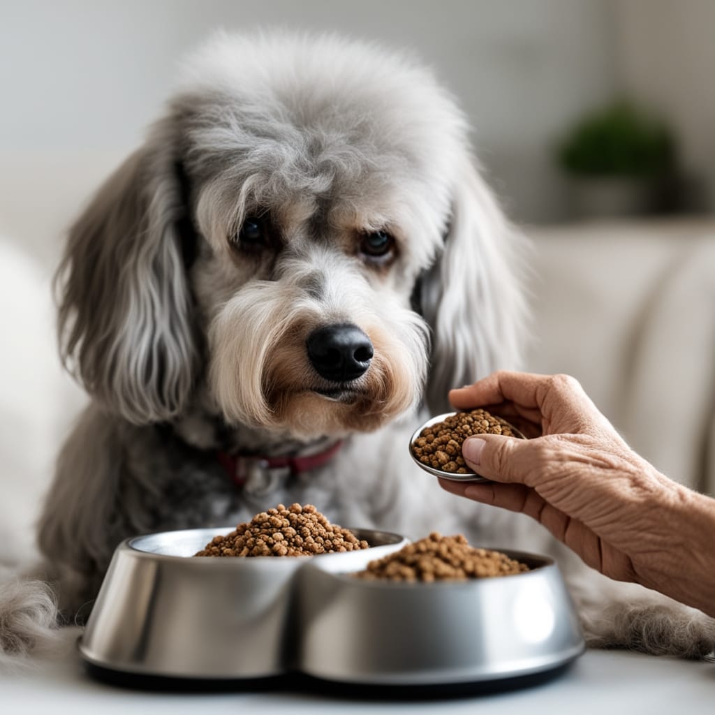 A gentle senior Poodle with gray fur resting comfortably near a bowl of senior dog food.