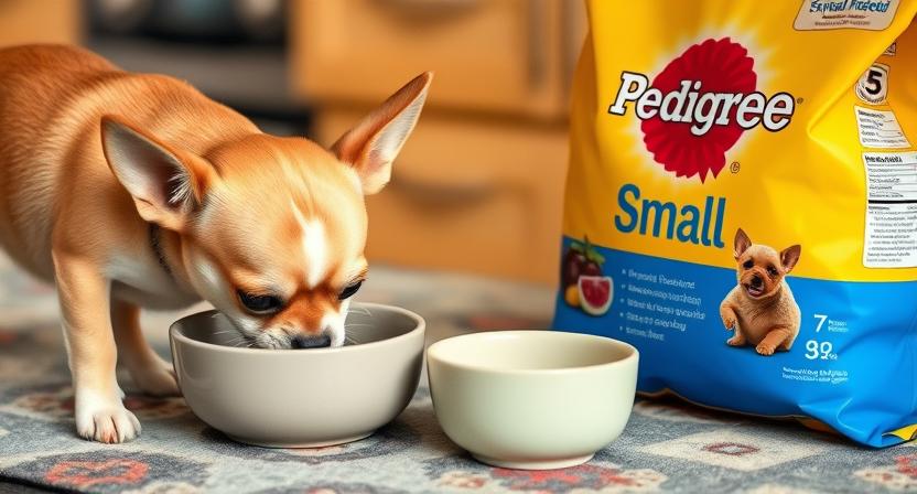 Small breed Chihuahua eating Pedigree food for small dogs.