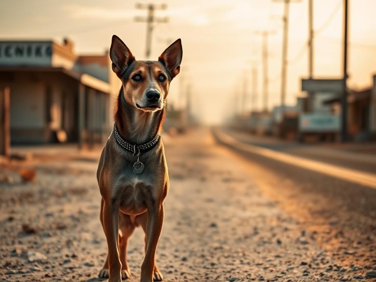 Photo of a street dog standing near a U.S.–Mexico border town road — dusty street, warm lighting, symbolizing cross-border heritage.