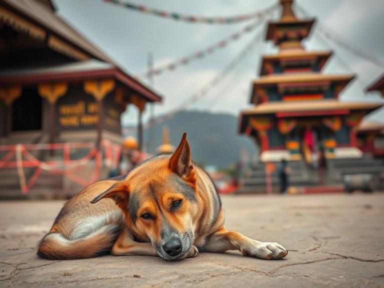 Peaceful shot of a street dog resting near a Buddhist stupa or temple in Kathmandu Valley — symbolizing harmony and cultural connection.