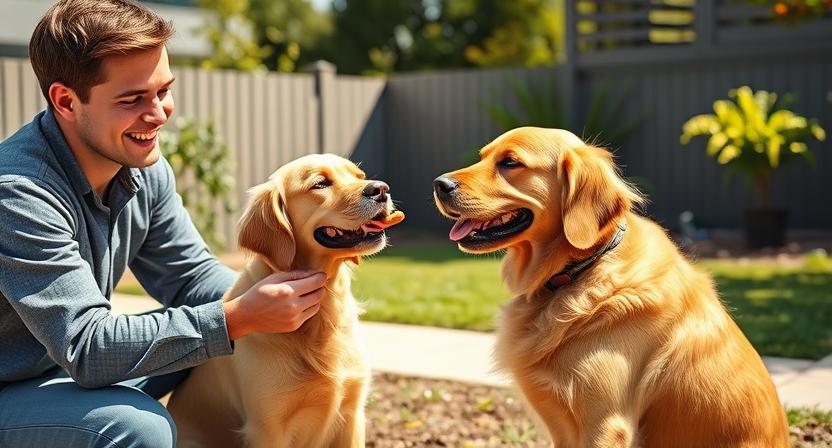 Successful training golden cocker retriever session with positive reinforcement