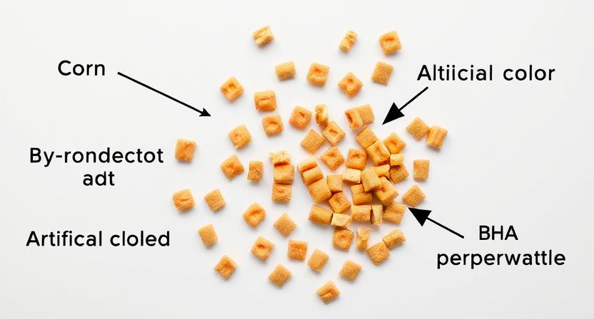 Pedigree dog food ingredients showing corn, by-product meal, and additives.