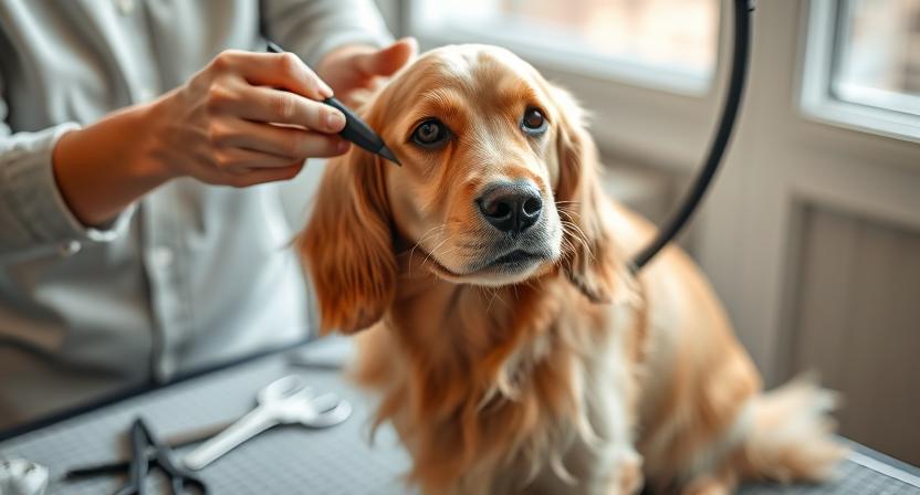 Golden Cocker Retriever during grooming routine—brushing, nail trimming, ear cleaning