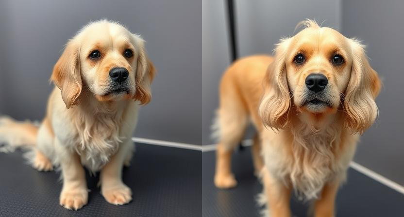 Transformation showing Golden Cocker Retriever’s look before and after professional grooming.