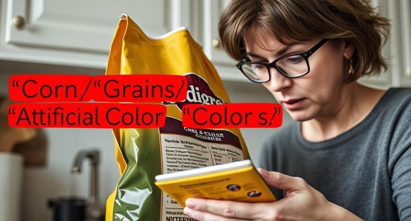 Pedigree bag highlighting corn, grains, and artificial colors as concerns