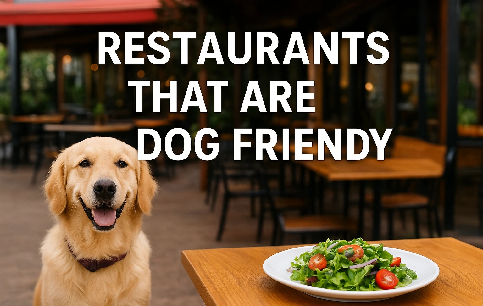 Digital featured image with the title “Restaurants That Are Dog Friendly: Where Your Pup is Always Welcome,” showing a cheerful dog sitting beside an outdoor restaurant table with food and drinks, symbolizing pet-friendly dining.