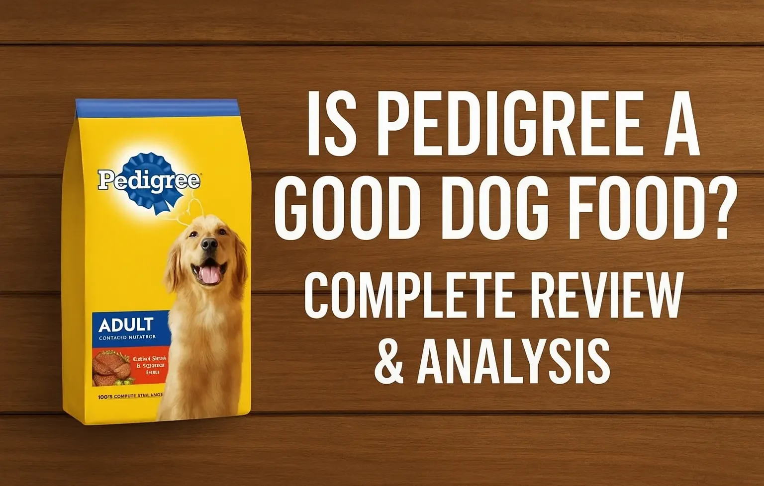 Is Pedigree a Good Dog Food? featured image showing Pedigree dog food bag and kibble bowl on wooden background, review and analysis.