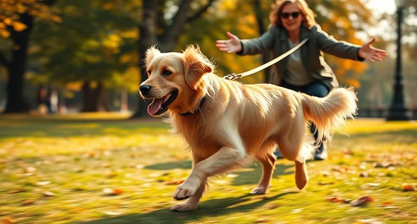 Dog running to owner during recall training golden cocker retriever exercise
