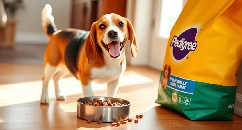 Happy Beagle enjoying Pedigree dog food because of taste and budget-friendly value