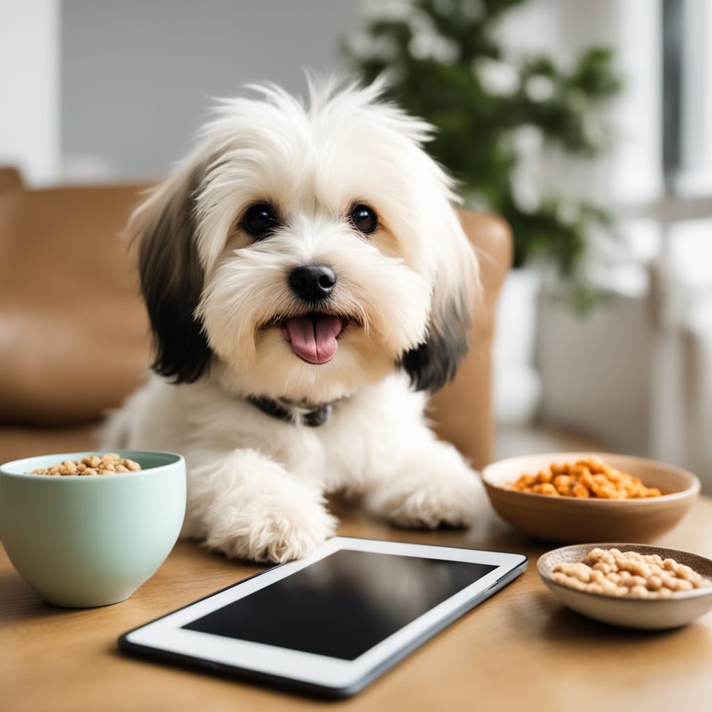 adorable small puppy (Havanese or similar toy breed) sitting beside a food bowl
