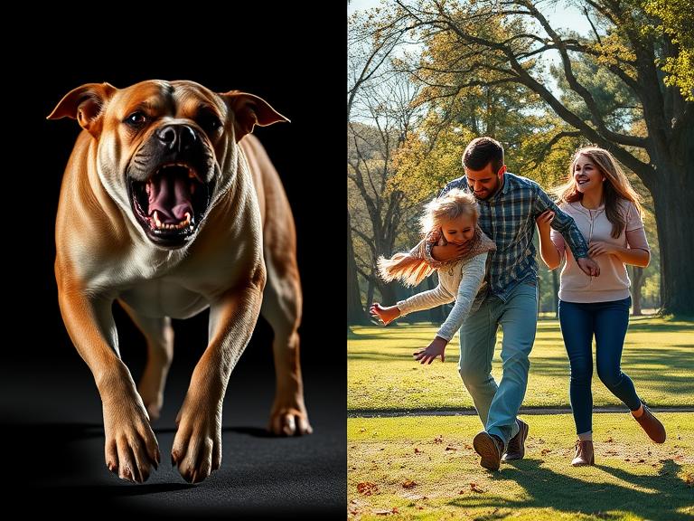 Comparison showing dog behavior depends on training not breed - aggressive vs family-friendly environment
