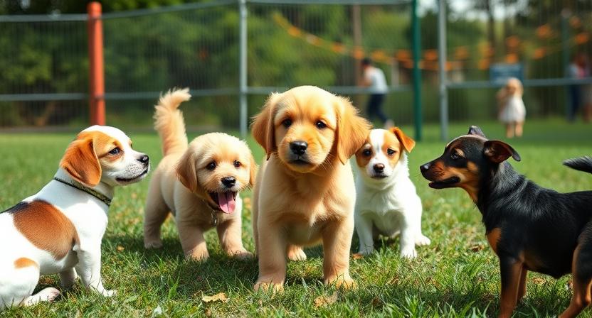 Proper socialization training golden cocker retriever puppy with friendly dogs