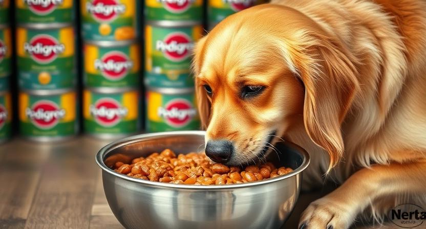 Senior dog eating Pedigree canned wet dog food.