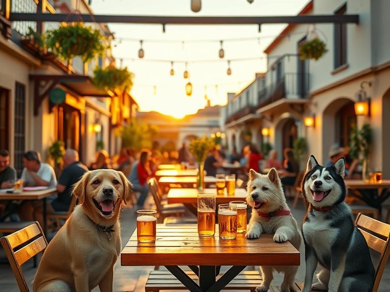 A vibrant outdoor terrace of a modern Spanish craft beer bar during golden hour