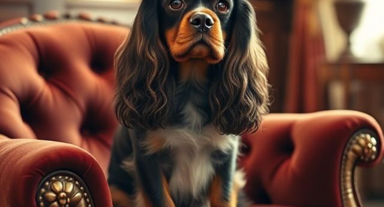 English Toy Spaniel with silky coat and floppy ears sitting regally on a velvet chair.