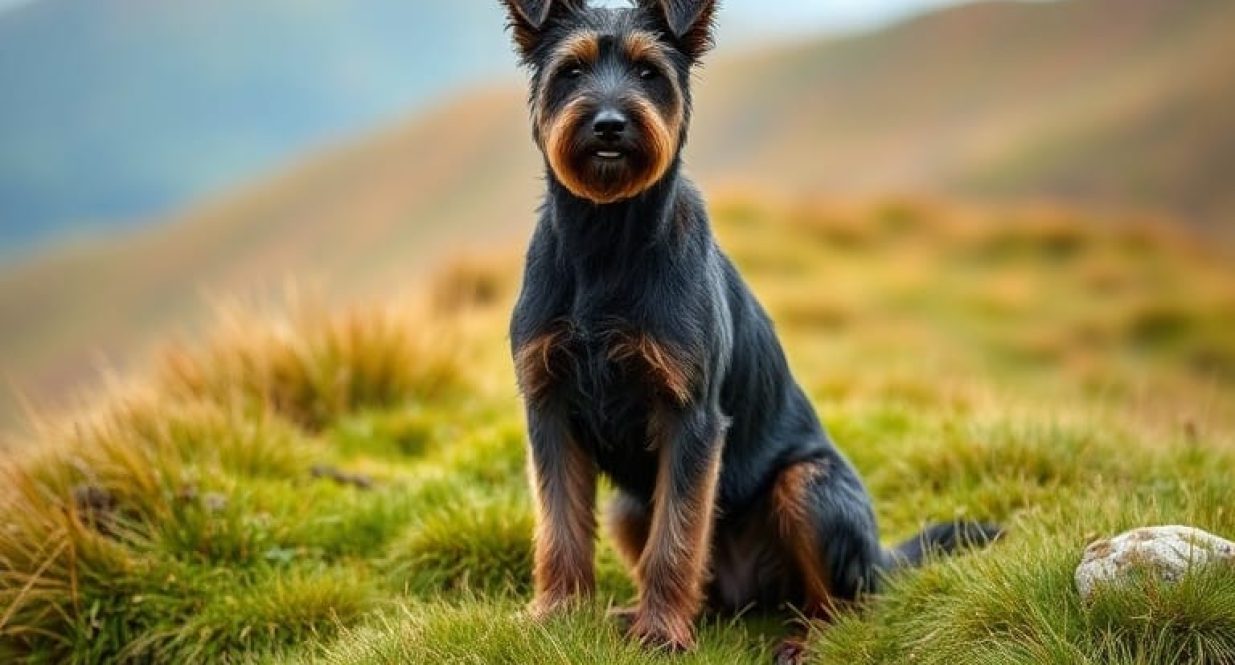Glen of Imaal Terrier sitting outdoors on grass in Ireland looking calm and loyal.