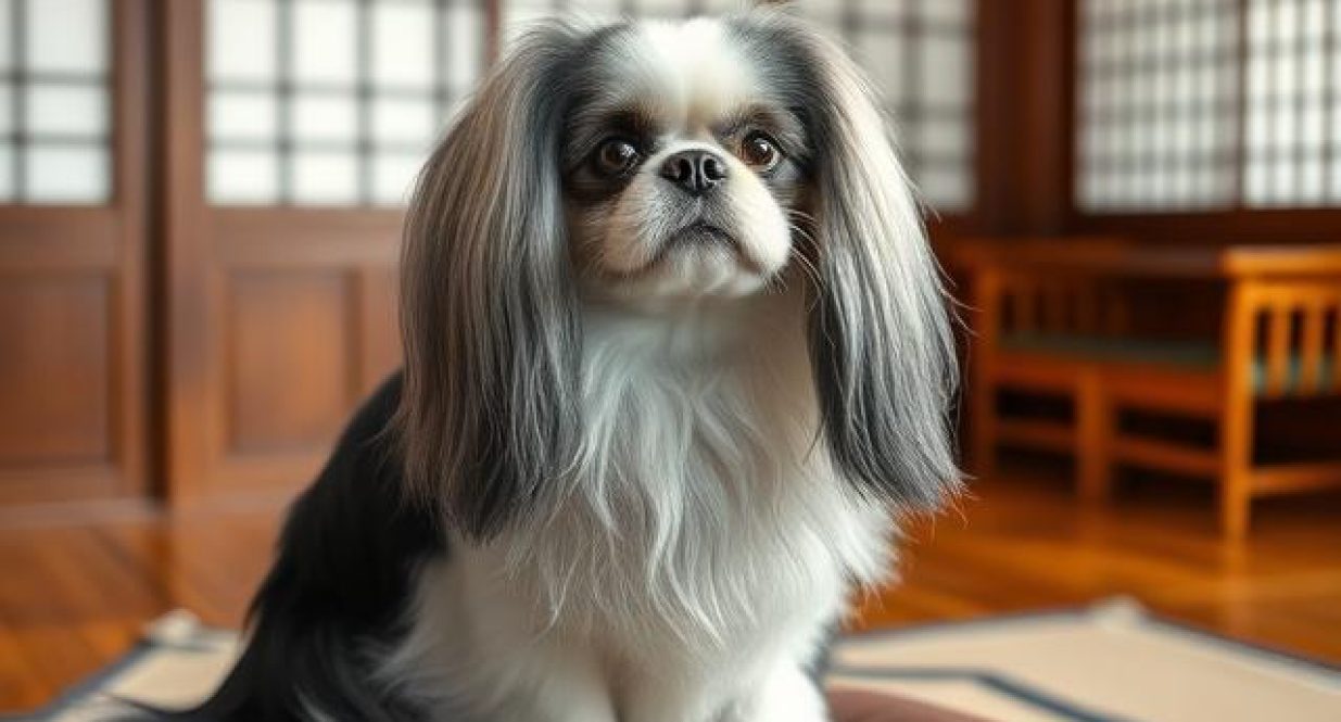 Japanese Chin dog sitting gracefully indoors with silky white-and-black coat and regal expression.