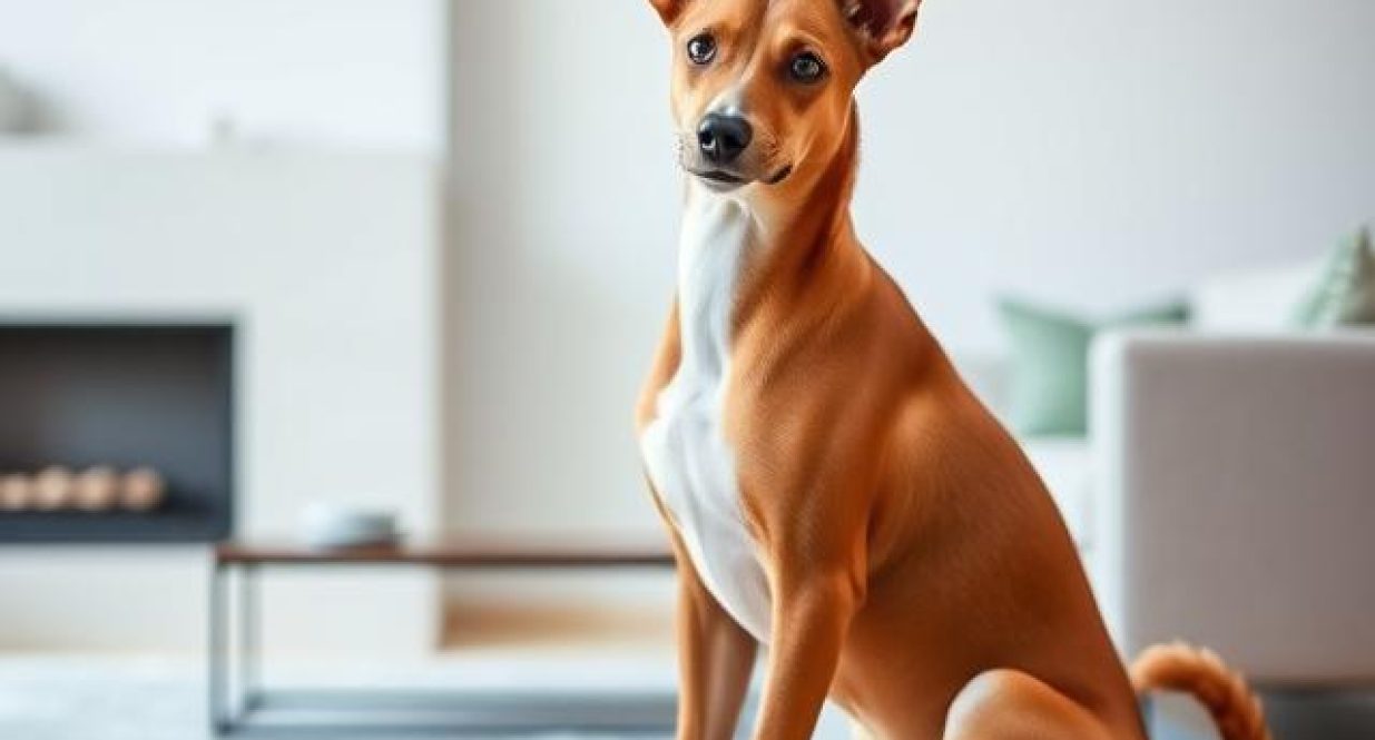 Basenji dog with sleek chestnut coat and curly tail sitting indoors with elegant expression.