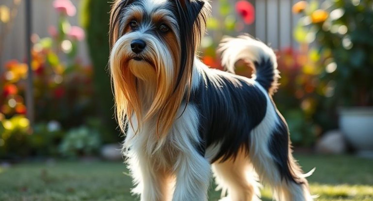 Biewer Terrier with silky tri-color coat standing in a sunny garden