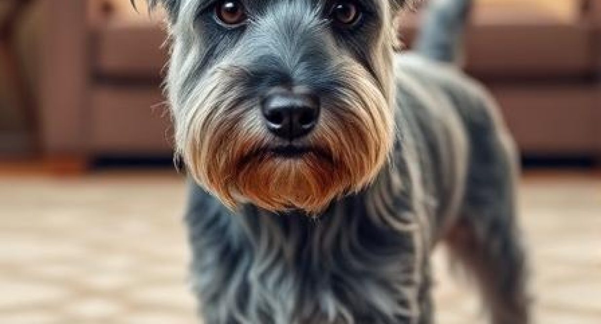 Cesky Terrier with silky gray coat and bearded muzzle standing indoors, featured image for breed guide.