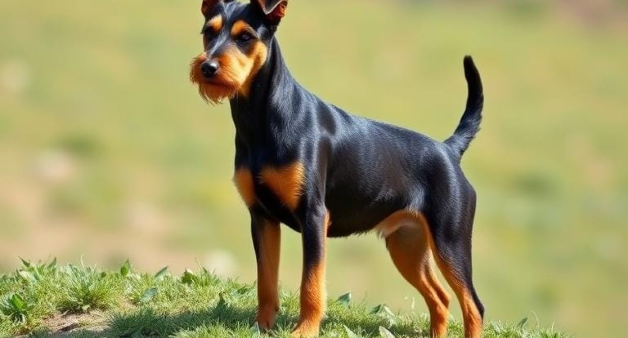 Jagdterrier standing alert on a grassy hill showing its black and tan coat