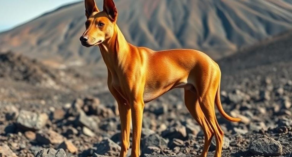 Cirneco dell’Etna standing proudly with slim athletic body and reddish-brown coat