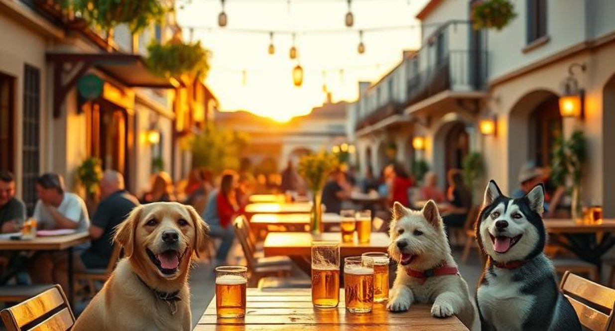 A vibrant outdoor terrace of a modern Spanish craft beer bar during golden hour