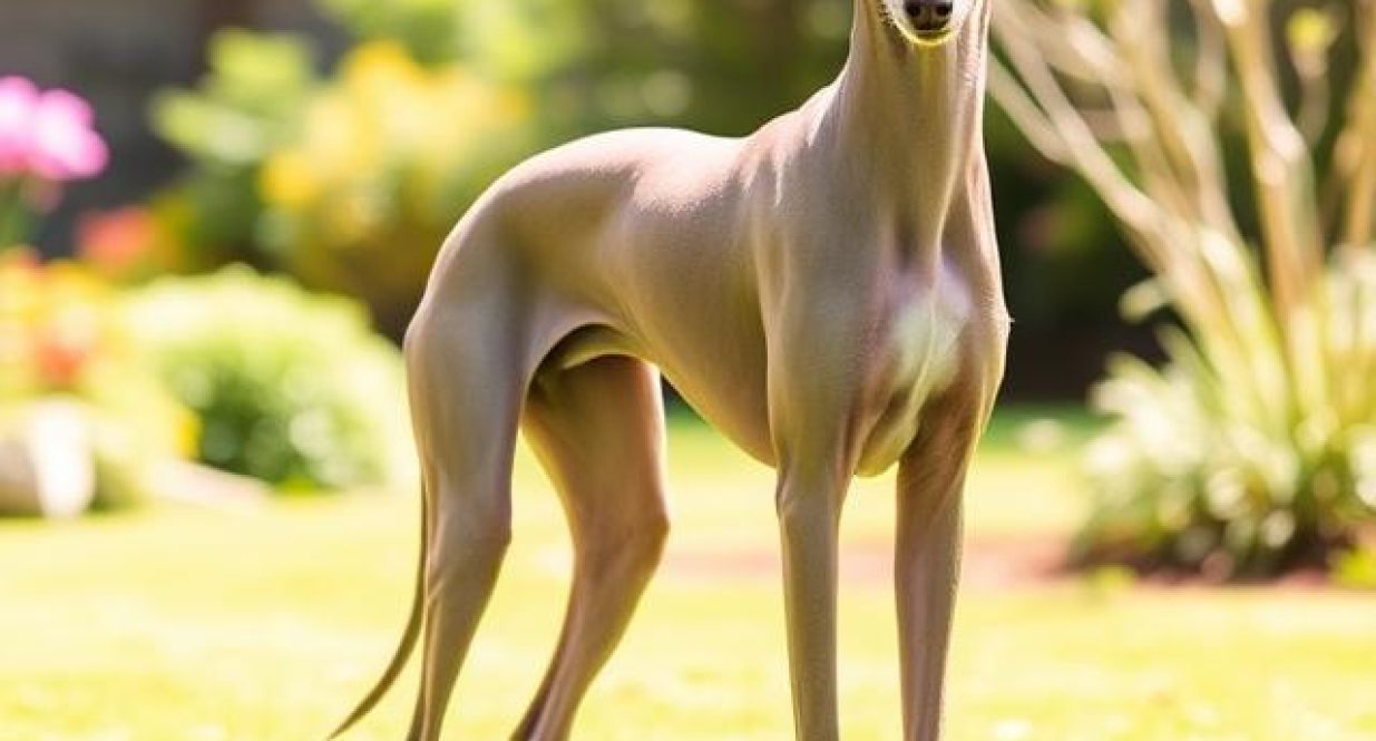 Italian Greyhound standing gracefully in a garden, showing its slender frame and elegant appearance